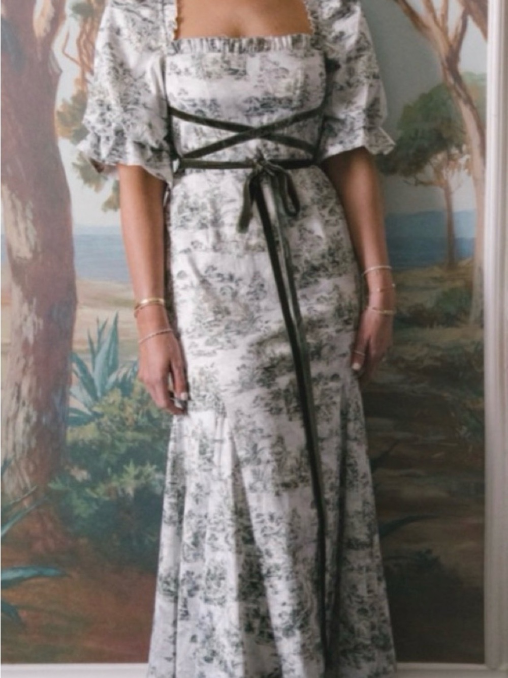 ANTONIO MELANI Sage Floral Puff-Sleeve Maxi Dress with Olive Tie - Picture 2 of 10